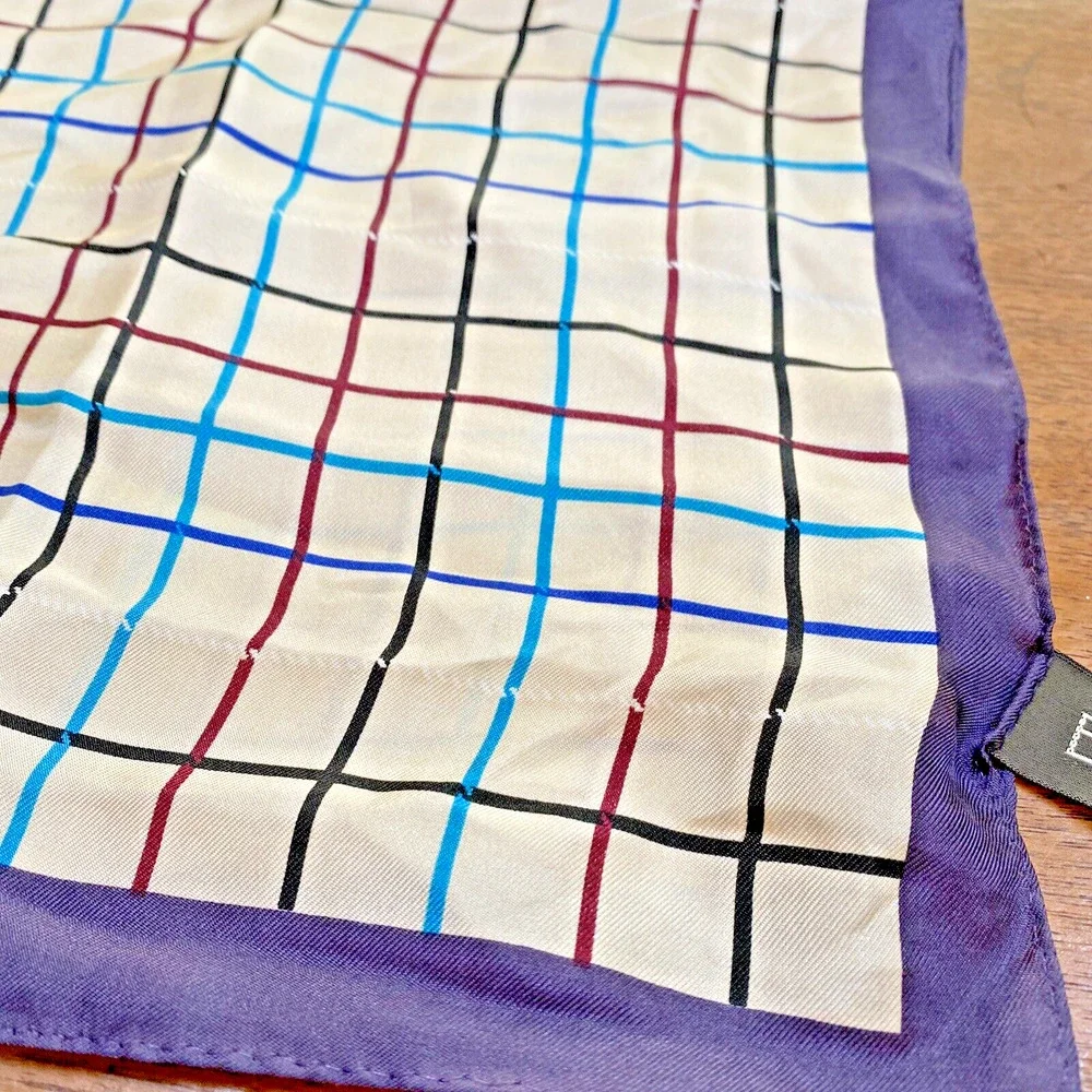 NWT Echo Silk Scarf Neckerchief Sq 22” Blue Beige Multicolor Plaid Check Classic